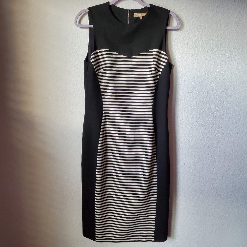 Sleeveless Black & White Striped Sheath Dress